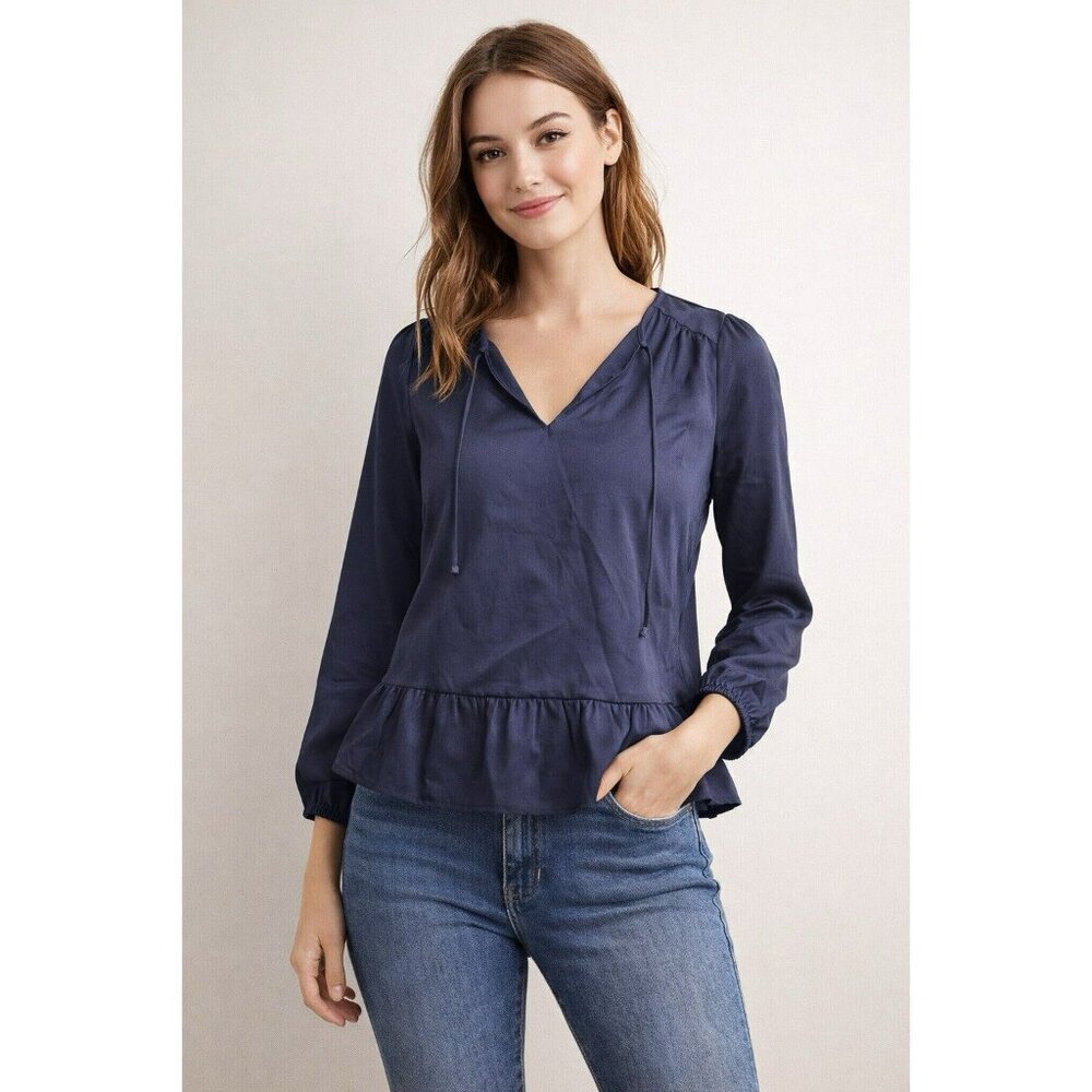 LOFT Navy Blue Peplum Blouse Small Long Sleeve V Neck Tie Front NWT